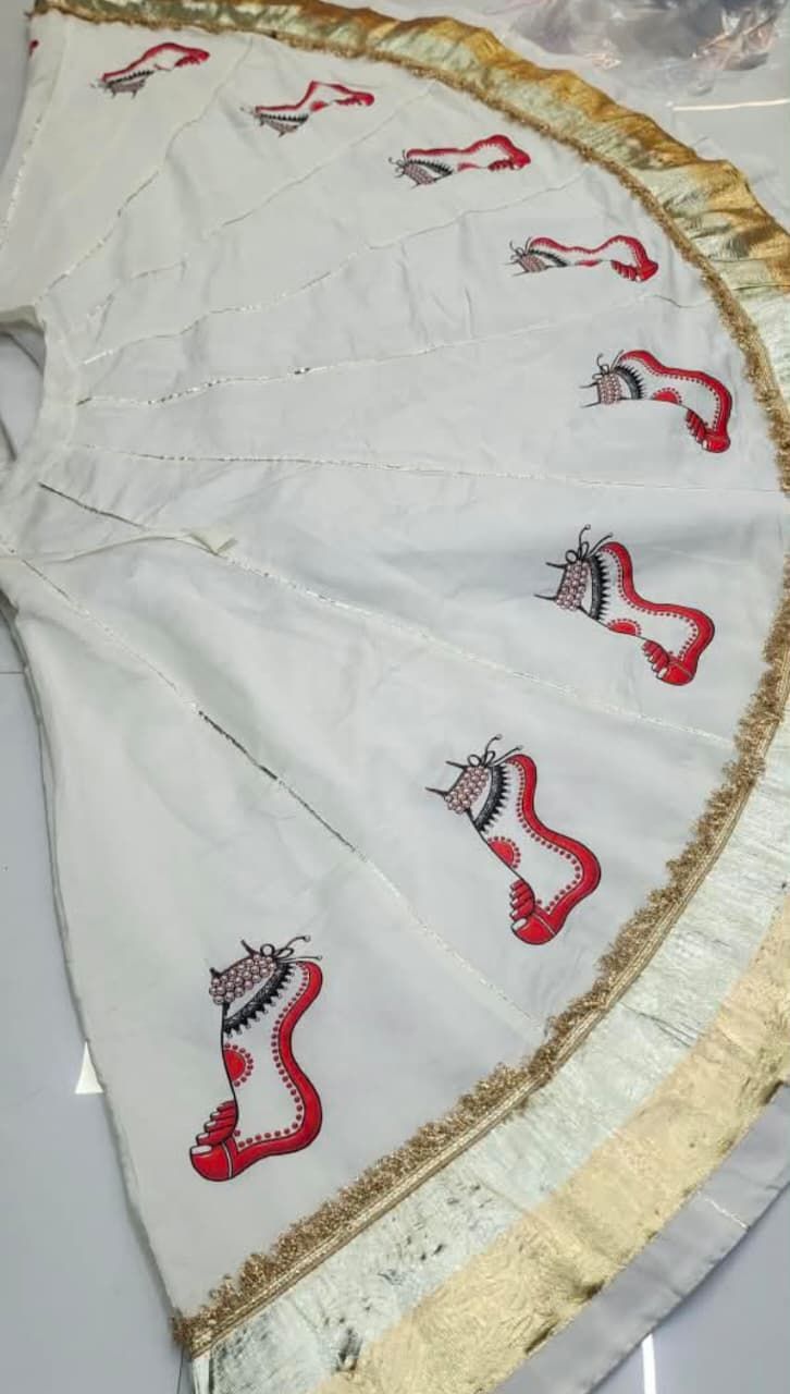 Ivory White Chaniya with Red Traditional Embroidery & Golden Border