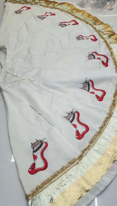 Ivory White Chaniya with Red Traditional Embroidery & Golden Border