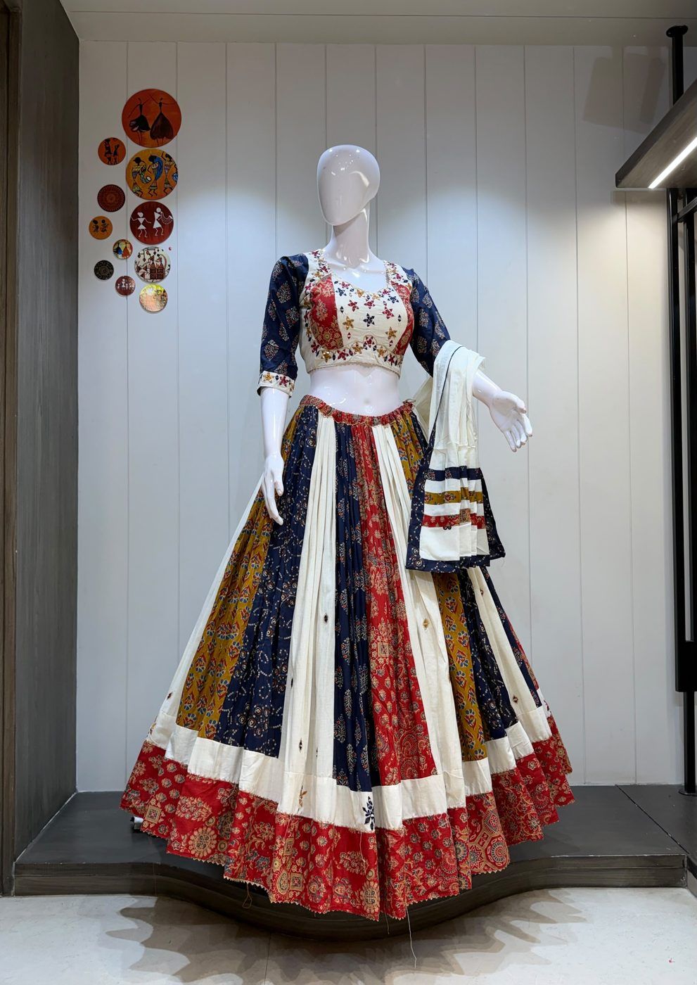 Navy & Red Panelled Chaniya Choli with Mirror Work — additional view